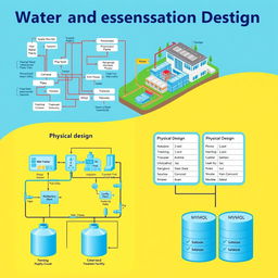 An informative visual representation of water and sanitation system design, highlighting both logical and physical designs in conjunction with MySQL database elements