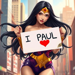 A sexy Asian female superhero dressed as Wonder Woman, showcasing her large chest and cleavage, confidently holding a sign that reads 'I ❤️ PAUL'