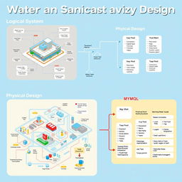 An informative visual representation of water and sanitation system design, highlighting both logical and physical designs in conjunction with MySQL database elements