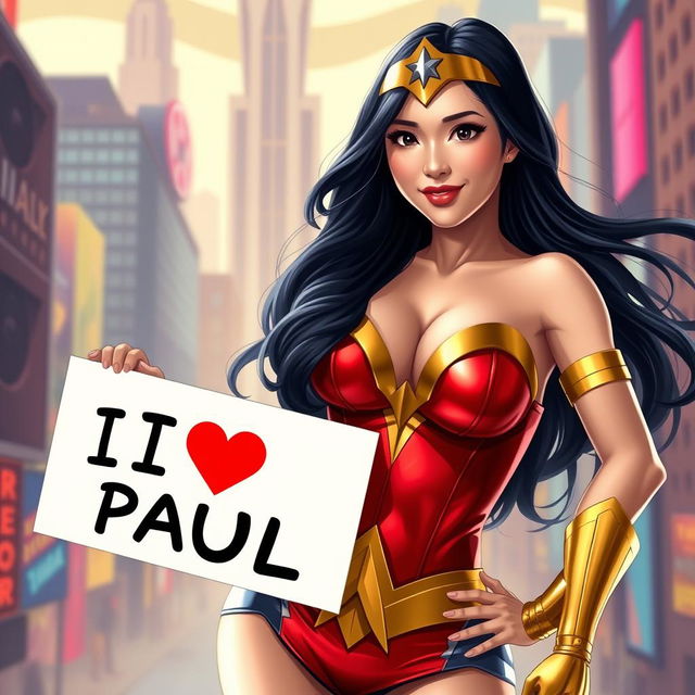 A sexy Asian female superhero dressed as Wonder Woman, showcasing her large chest and cleavage, confidently holding a sign that reads 'I ❤️ PAUL'