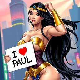 A sexy Asian female superhero dressed as Wonder Woman, showcasing her large chest and cleavage, confidently holding a sign that reads 'I ❤️ PAUL'