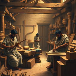 An engaging scene depicting ancient Egyptian carpenters in their workshop, actively engaged in the craft of woodworking