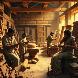 An engaging scene depicting ancient Egyptian carpenters in their workshop, actively engaged in the craft of woodworking