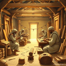 An engaging scene depicting ancient Egyptian carpenters in their workshop, actively engaged in the craft of woodworking