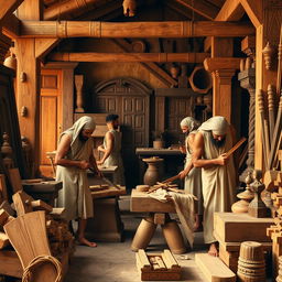 An engaging scene depicting ancient Egyptian carpenters in their workshop, actively engaged in the craft of woodworking