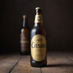 Handcrafted beer with a rustic, golden tint named 'CRISANT', represented with condensation droplets sliding down the sleek bottle, and a vintage-style beer label showcasing artisanal charm.