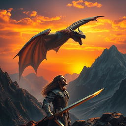 A dramatic scene featuring a fierce dragon soaring majestically in the sky above a rugged mountain landscape