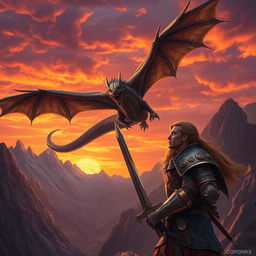 A dramatic scene featuring a fierce dragon soaring majestically in the sky above a rugged mountain landscape