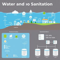 An informative visual representation centered around water and sanitation systems integrated with SQL database elements