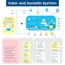 An informative visual representation centered around water and sanitation systems integrated with SQL database elements