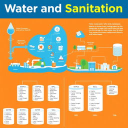 An informative visual representation centered around water and sanitation systems integrated with SQL database elements