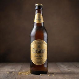 Handcrafted beer with a rustic, golden tint named 'CRISANT', represented with condensation droplets sliding down the sleek bottle, and a vintage-style beer label showcasing artisanal charm.