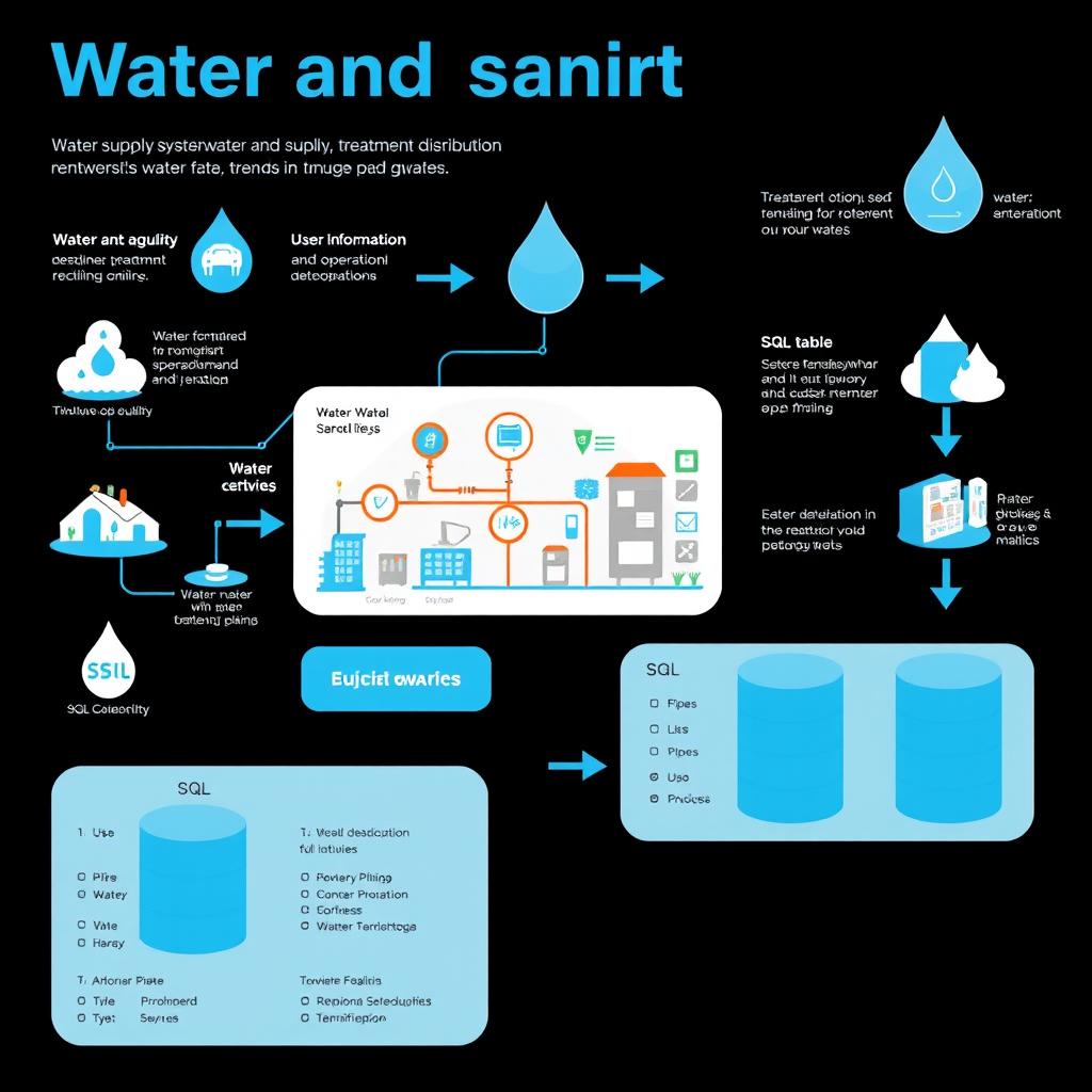 An informative visual representation centered around water and sanitation systems integrated with SQL database elements