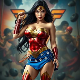 A sexy Asian female superhero dressed as Wonder Woman, featuring a large chest and prominent cleavage