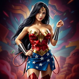 A sexy Asian female superhero dressed as Wonder Woman, featuring a large chest and prominent cleavage