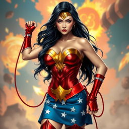 A sexy Asian female superhero dressed as Wonder Woman, featuring a large chest and prominent cleavage