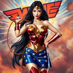 A sexy Asian female superhero dressed as Wonder Woman, featuring a large chest and prominent cleavage