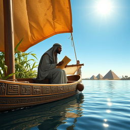 Ancient Egyptian scribes aboard a boat on the Nile River, depicting two scribes dressed in traditional linen garments, one writing on a papyrus scroll while the other observes the surroundings