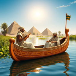 Ancient Egyptian scribes aboard a boat on the Nile River, depicting two scribes dressed in traditional linen garments, one writing on a papyrus scroll while the other observes the surroundings