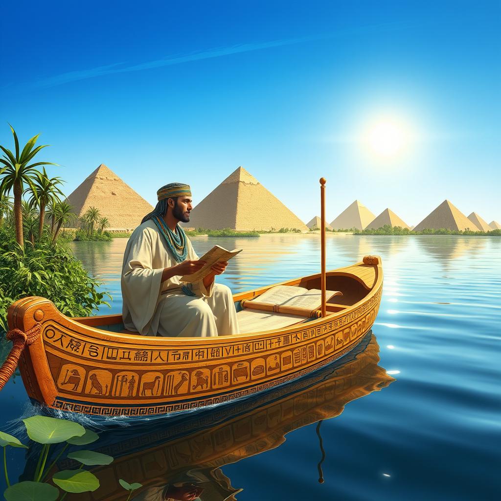 Ancient Egyptian scribes aboard a boat on the Nile River, depicting two scribes dressed in traditional linen garments, one writing on a papyrus scroll while the other observes the surroundings