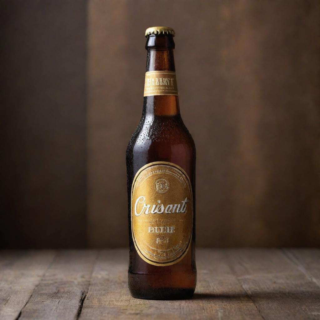 Handcrafted beer with a rustic, golden tint named 'CRISANT', represented with condensation droplets sliding down the sleek bottle, and a vintage-style beer label showcasing artisanal charm.