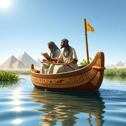 Ancient Egyptian scribes aboard a boat on the Nile River, depicting two scribes dressed in traditional linen garments, one writing on a papyrus scroll while the other observes the surroundings