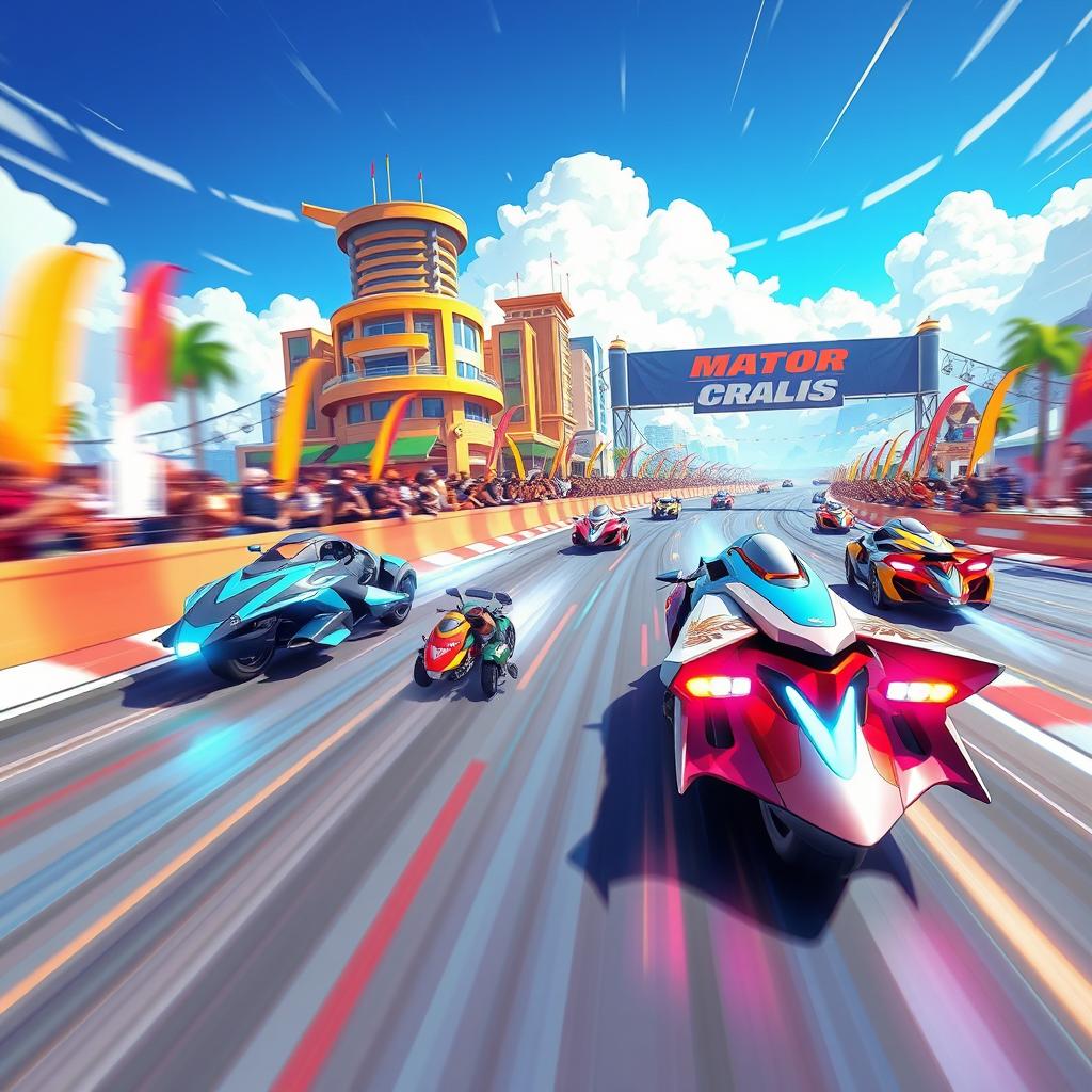 An exhilarating scene depicting a thrilling race between high-speed racing motors in a vibrant, game-style illustration