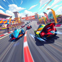 An exhilarating scene depicting a thrilling race between high-speed racing motors in a vibrant, game-style illustration