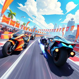 An exhilarating scene depicting a thrilling race between high-speed racing motors in a vibrant, game-style illustration