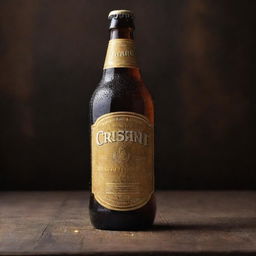 Handcrafted beer with a rustic, golden tint named 'CRISANT', represented with condensation droplets sliding down the sleek bottle, and a vintage-style beer label showcasing artisanal charm.