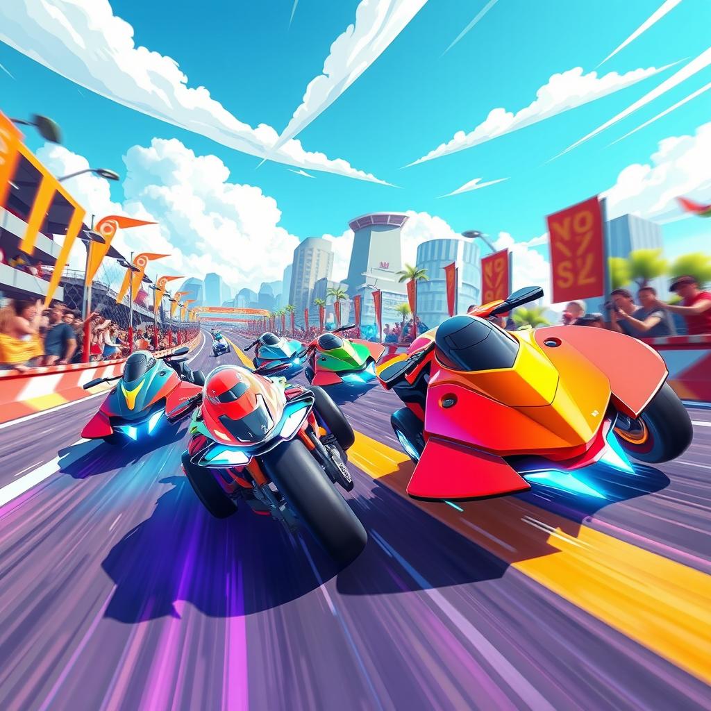 An exhilarating scene depicting a thrilling race between high-speed racing motors in a vibrant, game-style illustration