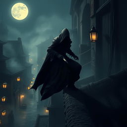 A shadowy figure of an assassin cloaked in a dark, flowing hooded garment, stealthily navigating through a dimly lit alley of an ancient city