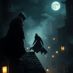 A shadowy figure of an assassin cloaked in a dark, flowing hooded garment, stealthily navigating through a dimly lit alley of an ancient city