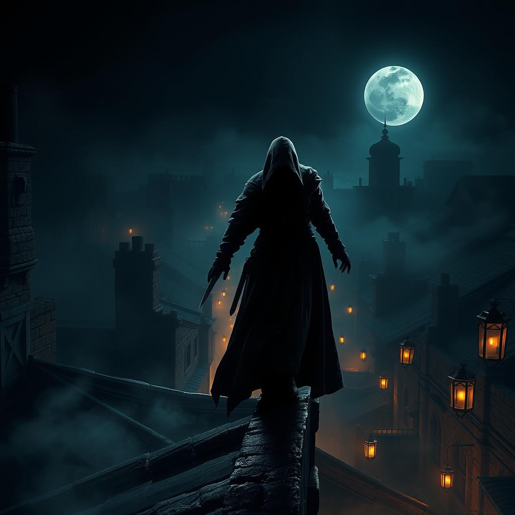 A shadowy figure of an assassin cloaked in a dark, flowing hooded garment, stealthily navigating through a dimly lit alley of an ancient city