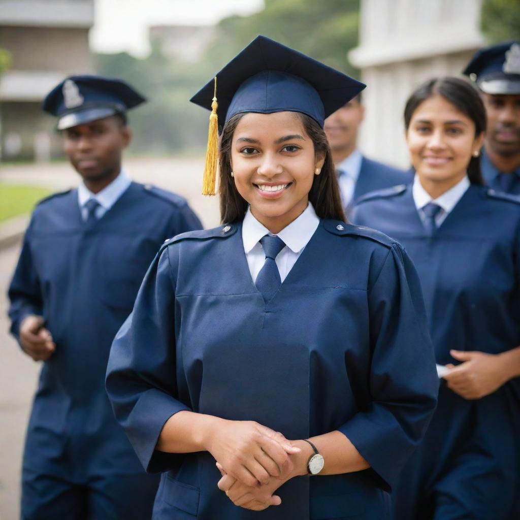 Create a progressive visual journey from studying, to graduation, to board exam, to donning a police uniform, all under the banner of the word 'SUCCESS'.