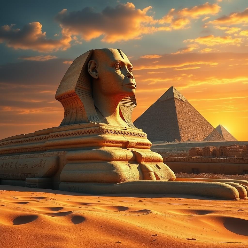 The Great Sphinx of Giza, an iconic ancient Egyptian monument, depicted in intricate detail