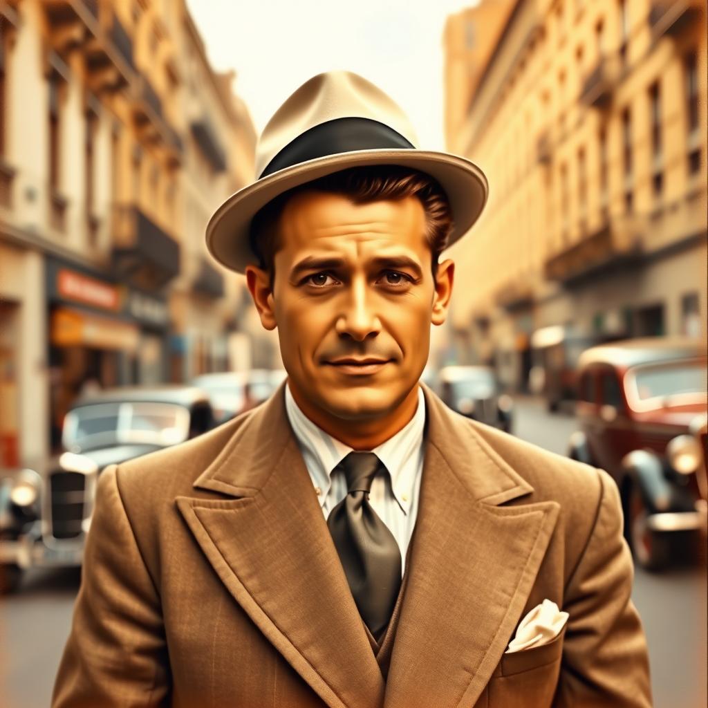 A vintage portrait of a man named José Medina in the 1930s, dressed in a stylish suit typical of the era, complete with wide lapels and a fedora hat