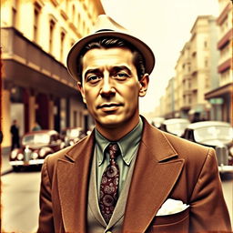 A vintage portrait of a man named José Medina in the 1930s, dressed in a stylish suit typical of the era, complete with wide lapels and a fedora hat