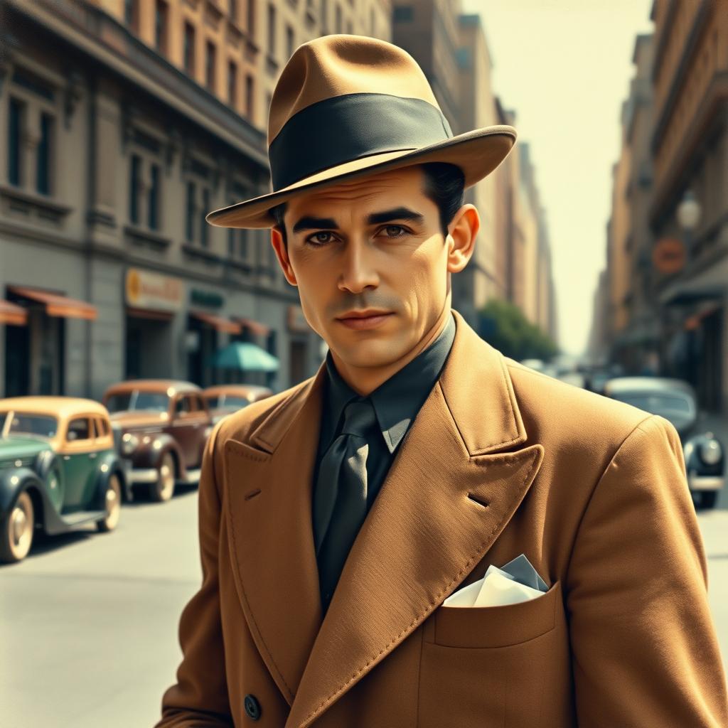 A vintage portrait of a man named José Medina in the 1930s, dressed in a stylish suit typical of the era, complete with wide lapels and a fedora hat