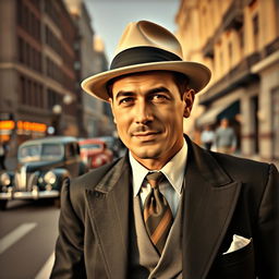 A vintage portrait of a man named José Medina in the 1930s, dressed in a stylish suit typical of the era, complete with wide lapels and a fedora hat