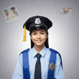 Create a progressive visual journey from studying, to graduation, to board exam, to donning a police uniform, all under the banner of the word 'SUCCESS'.