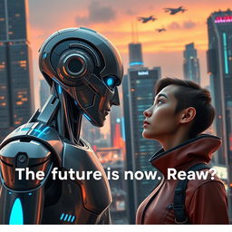 An android robot and a human gazing into each other's eyes, set against a futuristic city skyline