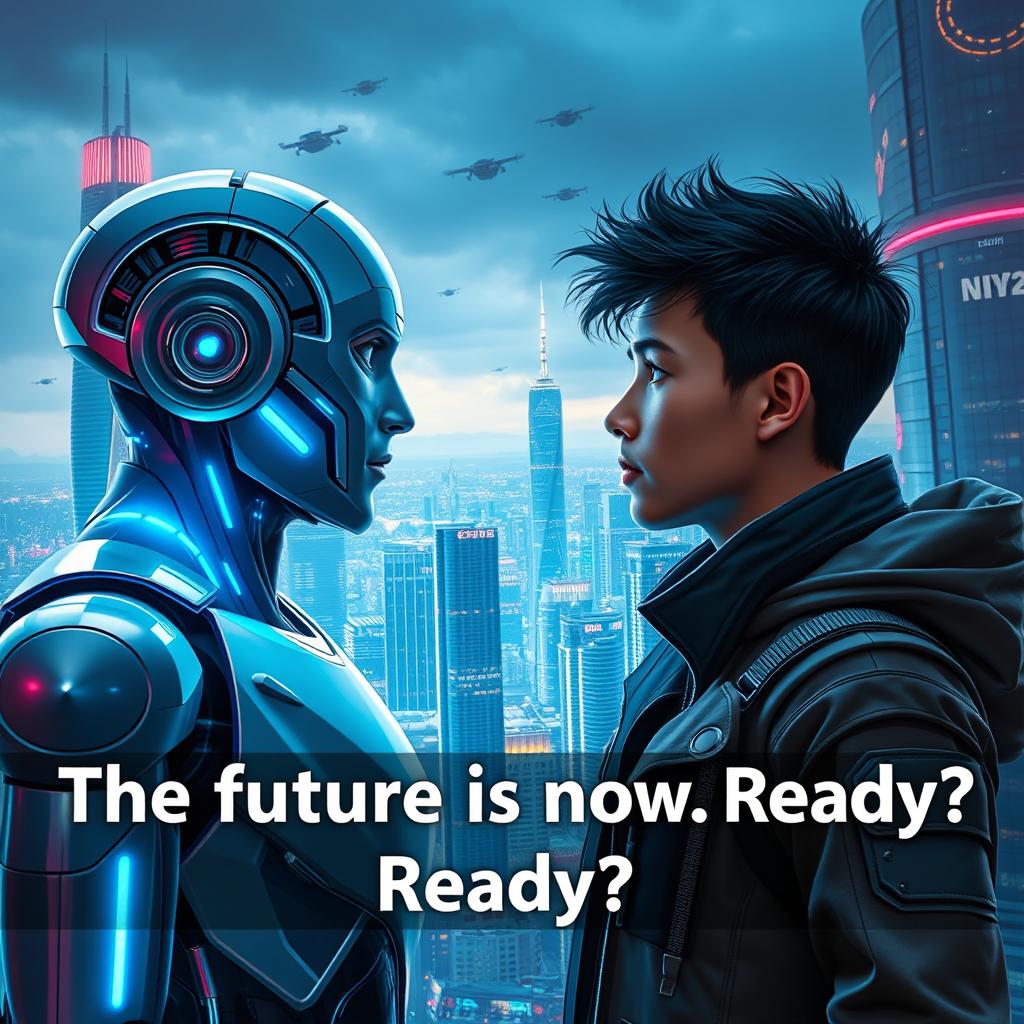 An android robot and a human gazing into each other's eyes, set against a futuristic city skyline