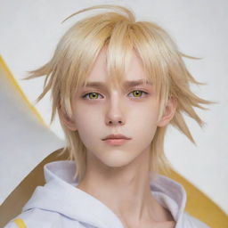 An anime-style slim teen boy with an unworldly beauty, featuring long tail-back hair in hues of blonde and white. His animated character is complemented by unique heterochromatic eyes, one yellow and the other white.