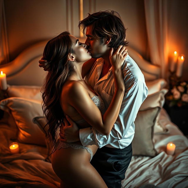 A sensual couple embraced in a passionate kiss, with soft lighting that enhances their glowing skin