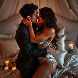 A sensual couple embraced in a passionate kiss, with soft lighting that enhances their glowing skin