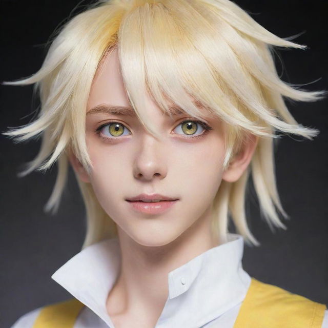 An anime-style slim teen boy with an unworldly beauty, featuring long tail-back hair in hues of blonde and white. His animated character is complemented by unique heterochromatic eyes, one yellow and the other white.