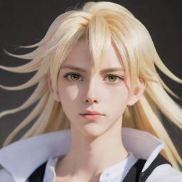 An anime-style slim teen boy with an unworldly beauty, featuring long tail-back hair in hues of blonde and white. His animated character is complemented by unique heterochromatic eyes, one yellow and the other white.