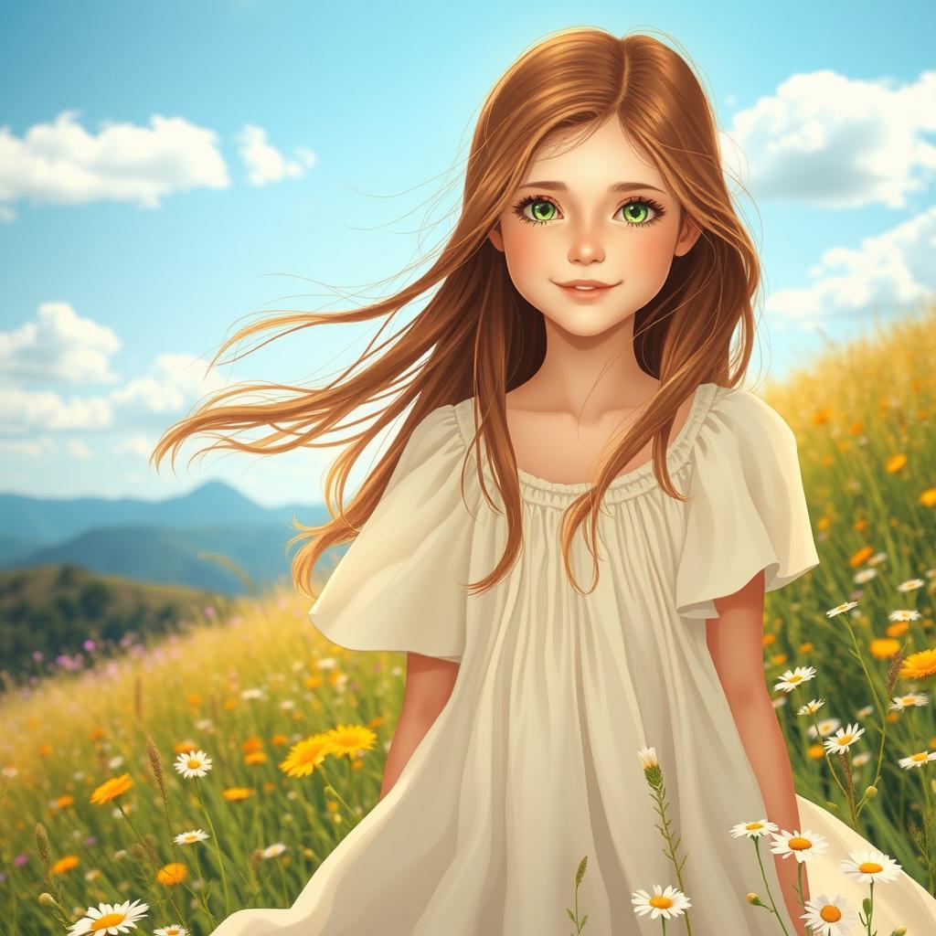 A serene and dreamy portrait of a teenage girl with flowing brown hair, standing in a sunlit meadow surrounded by wildflowers