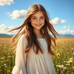 A serene and dreamy portrait of a teenage girl with flowing brown hair, standing in a sunlit meadow surrounded by wildflowers